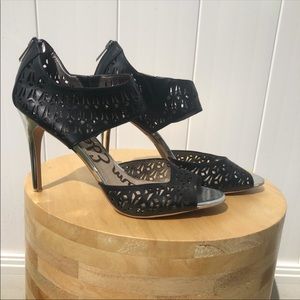 Sam Edelman black Leather Lace Silver metallic heel sz 11